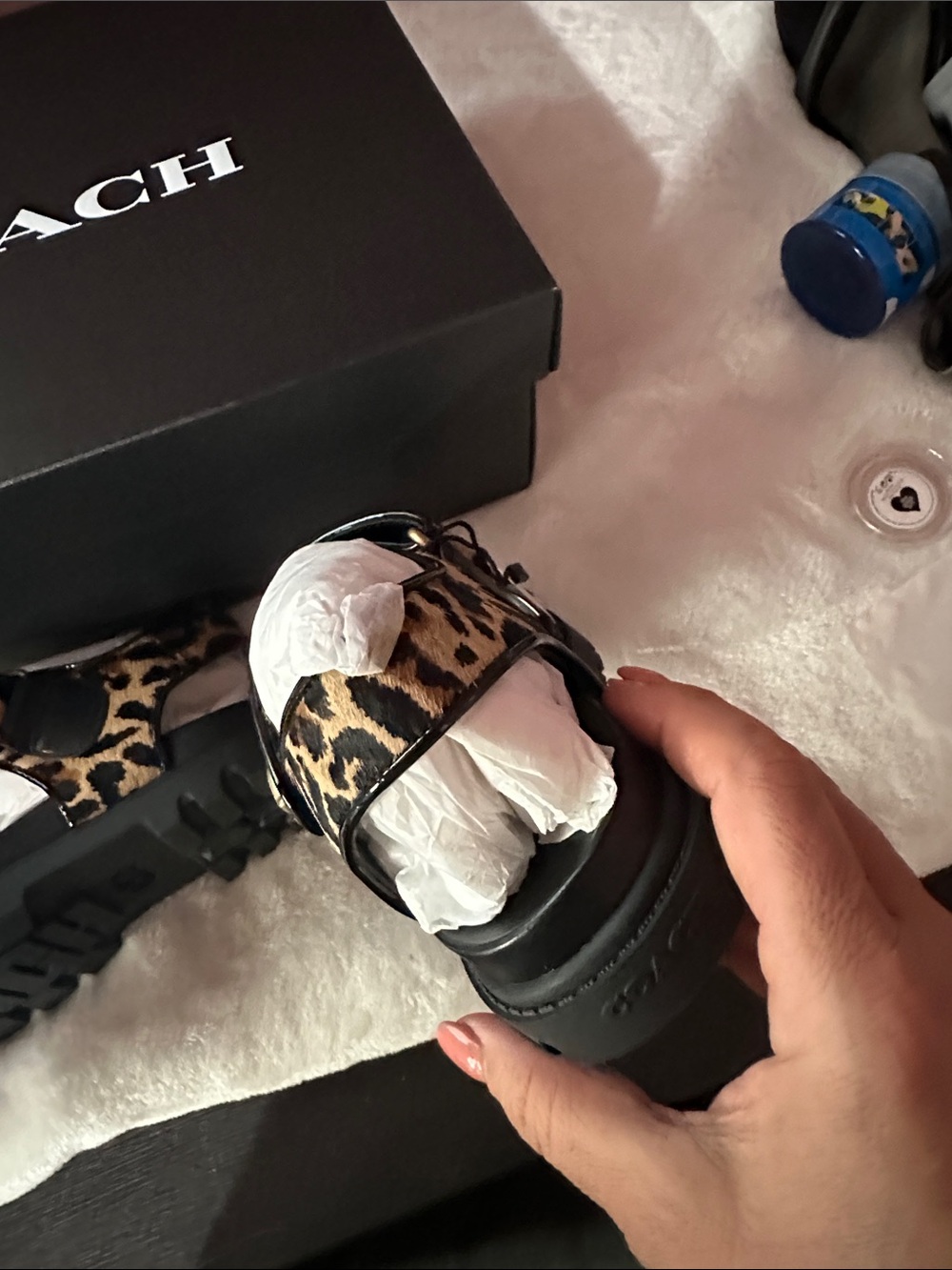 Coach Leopard-Print Slide Sandals in Black and Tan - Picture 7 of 13